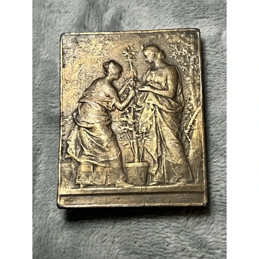 Vintage Brass Belt Buckle Relief Victorian Women Garden Scene Art Nouveau